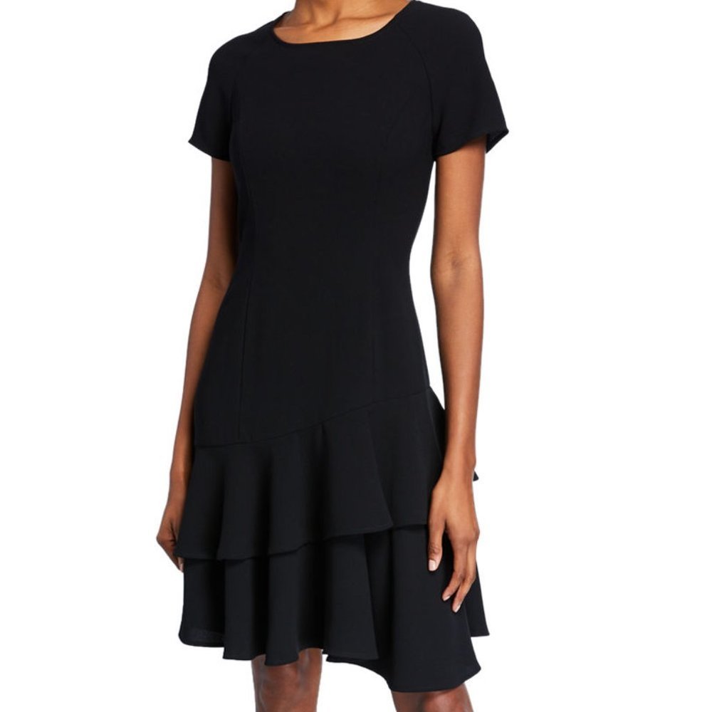 SHANI Raglan-sleeve crepe dress w/ double flounce